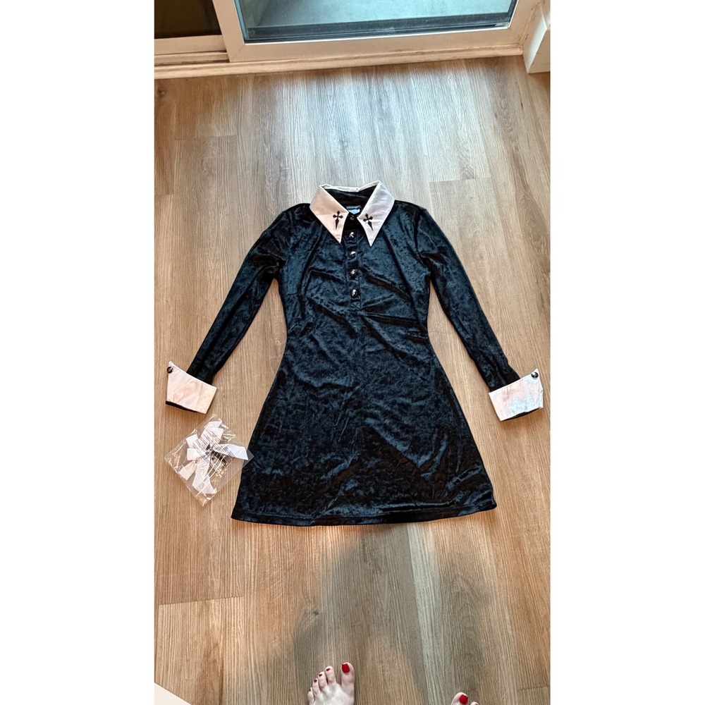 Wednesday Black Velvet Mini Dress White Collar Cross Goth Costume Medium